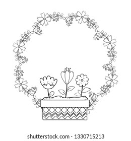 cute flowers and leafs in pot with crown