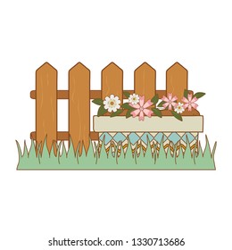 cute flowers and leafs in pot garden with fence scene