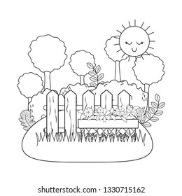 cute flowers and leafs in pot garden with fence scene