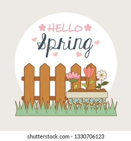 cute flowers and leafs in pot landscape scene