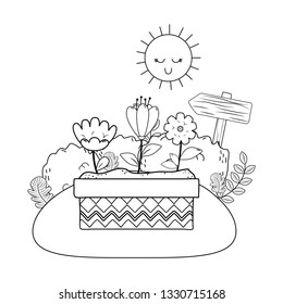 cute flowers and leafs in pot landscape scene