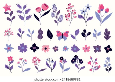 Cute flowers and leaves collection. Pink and purple spring flowers set. Minimalist floral blossom bouquet