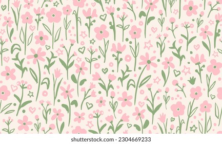 Cute flowers with leaves, dots, stars and hearts seamless repeat pattern. Vector botany all over surface print on white background.