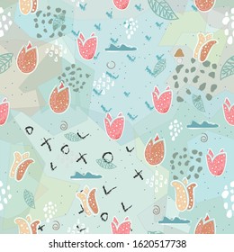 Cute Flowers and  Leaves. Hand Drawn Scandinavian Style. Vector Illustration
