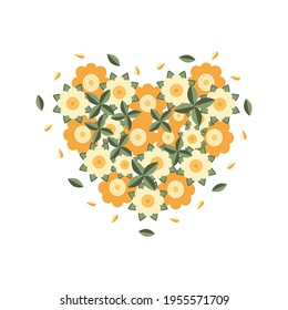 Cute flowers and leaves put in a heart shape. Isolated element in the white background. Flat style illustration.