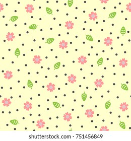 Cute flowers, leaves and round dots. Floral seamless pattern. Vector illustration. Pink, green, black, yellow.

