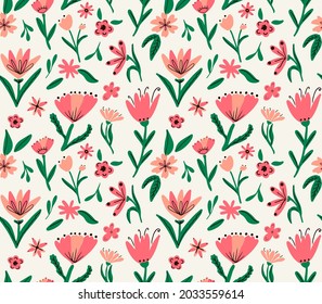 Cute flowers with leaves seamless repeat pattern. Hand drawn vector, blooming meadow with various botany plants all over surface print. 