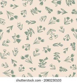 Cute flowers with leaves seamless repeat pattern on beige background. Random placed, doodled vector botany plants all over surface print.