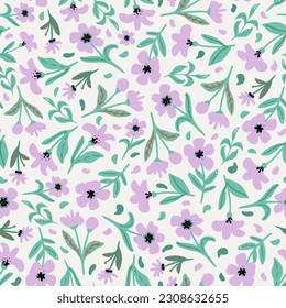 Cute flowers with leaves seamless repeat pattern. Random placed, vector botany all over surface print on white background.