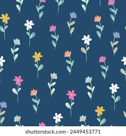 Cute flowers with leaves seamless repeat pattern. Colorful vector botany aop, all over surface print on dark blue background.