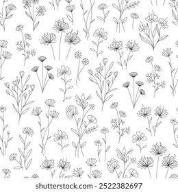 Flores bonitas, preto linear e branco herbal padrão sem costura, mão desenhado linha arte . Ilustração vetorial