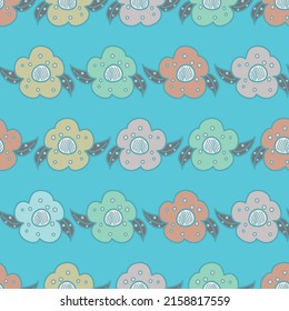 Flores cortas en vector multicolor patrón de repetición sin fisuras en azul