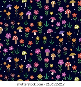 Flores y setas sin costura en naranja, rojo, rosa, amarillo con marrón y hierba sobre fondo oscuro. Para textiles, tejidos, texturas y papel pintado