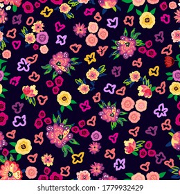 Flores ricas sobre fondo negro. Colección textil vintage.
