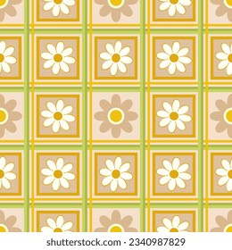 Flores cortas sobre fondo a cuadros, patrón vectorial sin fisuras, diseño de estilo de mosaico.