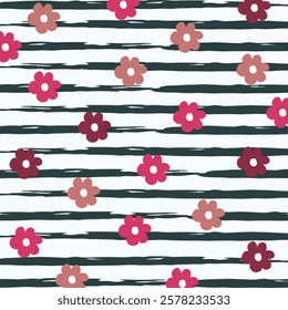 cute flowers on striped background. Floral  pattern drawn by hand with brush. Sketch, doodle. Girly vector illustration.