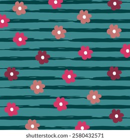 cute flowers on striped background. Floral  pattern drawn by hand with brush. Sketch, doodle. Girly vector illustration.