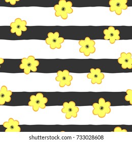 Cute flowers on striped background. Stylish seamless pattern. Vector illustration. Black, white, yellow colour.