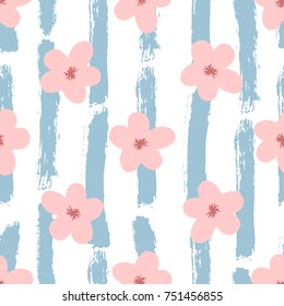 Cute flowers on striped background painted with rough brush. Floral seamless pattern. Grunge, graffiti, watercolour, sketch. Pink, white, blue color. Vector illustration.