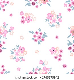 Cute flowers on white background. 
 Seamless vector pattern. Vintage print with small inflorescences. Retro textile collection.