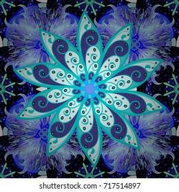 Cute flowers pattern with blue, violet and neutral colors. Flat Flower Elements Design. Vector Fashionable fabric pattern. Colour Spring Theme seamless pattern Background.