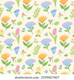 Cute flowers pattern. Floral seamless pattern. Spring easter pattern. Handdrawn nice flowers. Bright pastel vector background. Сhildly spring cartoon background