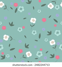 Cute flowers pattern on turquoise background. Seamless pattern with flowers.	

