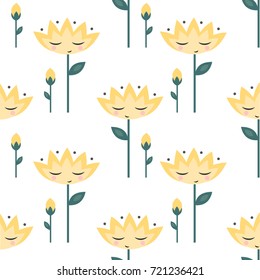 Cute flowers pattern on white background. Yellow cartoon flowers seamless background. Child drawing style design for fabric, wallpaper, textile and decor.