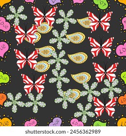 Patrón de flores lindas con colores agradables. Vector Patrón de tela de moda. Color Spring Tema patrón sin fisuras de fondo. Diseño de Elementos florales planos. Negro. Garabatos. Mariposas. Corazones. Marco.