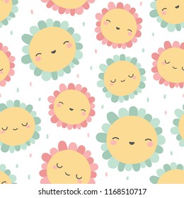Cute flowers pattern, smile face cartoon seamless background, vector illustration