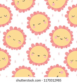 Cute flowers pattern, smile face cartoon seamless background, vector illustration