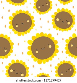 Cute flowers pattern, smile sunny face cartoon seamless background, vector illustration