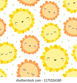 Cute flowers pattern, smile sunny face cartoon seamless background, vector illustration