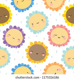 Cute flowers pattern, smile sunny face cartoon seamless background, vector illustration