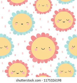 Cute flowers pattern, smile sunny face cartoon seamless background, vector illustration
