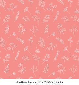 Cute flowers pattern vector seamless background. Hand drawn floral elements. Decorative plants and leaves repeat illustration.