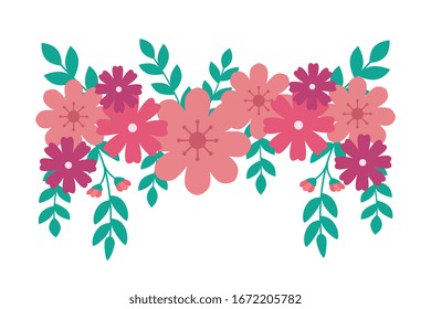 cute flowers pink with branches and leafs decoration vector illustration design