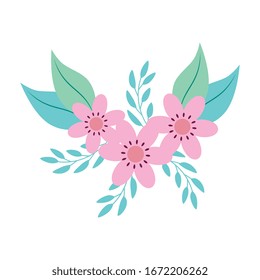 cute flowers pink with branches and leafs vector illustration design