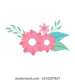cute flowers pink with branches and leafs vector illustration design