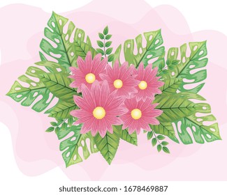 cute flowers pink color with leafs naturals vector illustration design