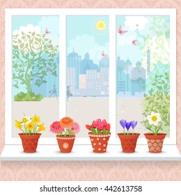 cute flowers planted in ceramic pots on a windowsill for your design