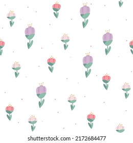 Cute flowers with polka dot hand drawn seamless pattern. Colorful floral vector illustration. Decorative background for wrapping paper, textile, card, gift, fabric, wallpaper, packaging.