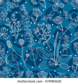 Cute flowers and polka dot. Vector seamless pattern.