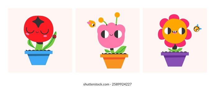 Cute flowers in the pot with bird, bee and ladybird Mascot. Trendy vector illustration.