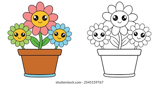 Flores Bonitas Em Pote Colorir Páginas Para Crianças. Livro de coloração de flor fácil imprimível. Ilustração de vetor de desenho animado de flores