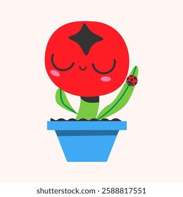 Cute flowers in the pot with ladybug. Mascot. Trendy vector illustration.