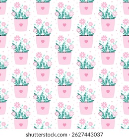 Cute flowers pot seamless pattern isolated on white background.Spring floral repeat pattern.Vector graphic illustration wallpaper