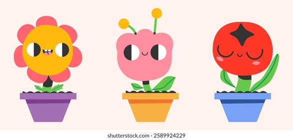 Cute flowers in the pot set.  Hand drawn trendy vector illustration.