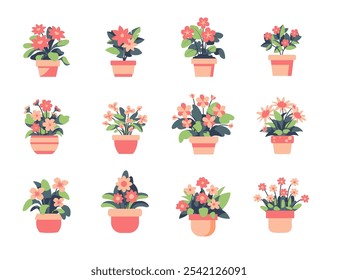 Cute flowers in a pot, vector illustration set, collection of potted house plant, gardening houseplants in planter for interior decoration, pink flower pot clipart
