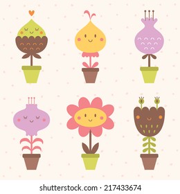 Cute flowers in the pots. Icons set for your design